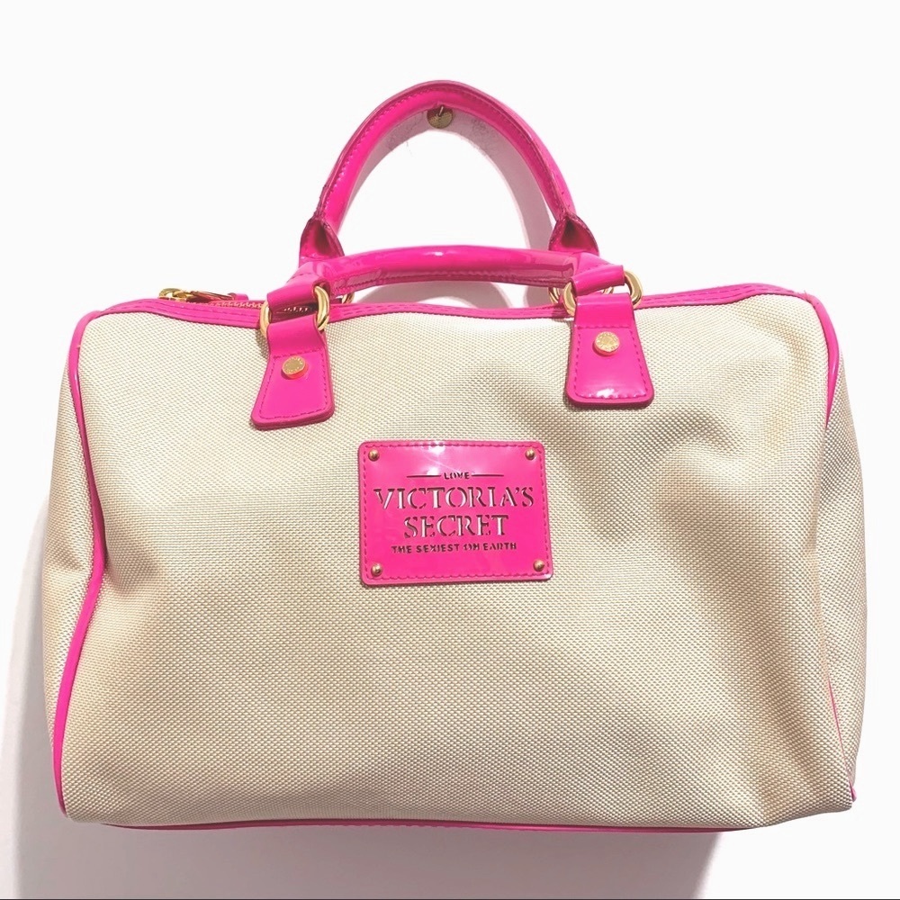 NWOT Victoria’s Secret Vintage Canvas & Hot Pink Patent Handbag Tote Bag